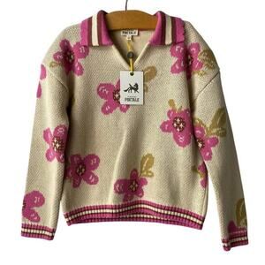 Finding Foxtale Floral Sweater Girls Size 7 Pink Cottagecore‎ Sport Stripes NWT